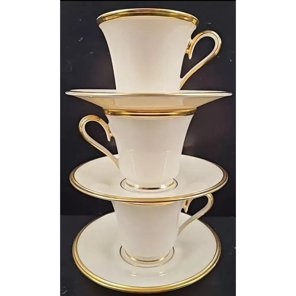 3 Lenox Eternal Cup Saucer Set Dimension Collection Elegant Gold Cream Dish Lot - Picture 3 of 6